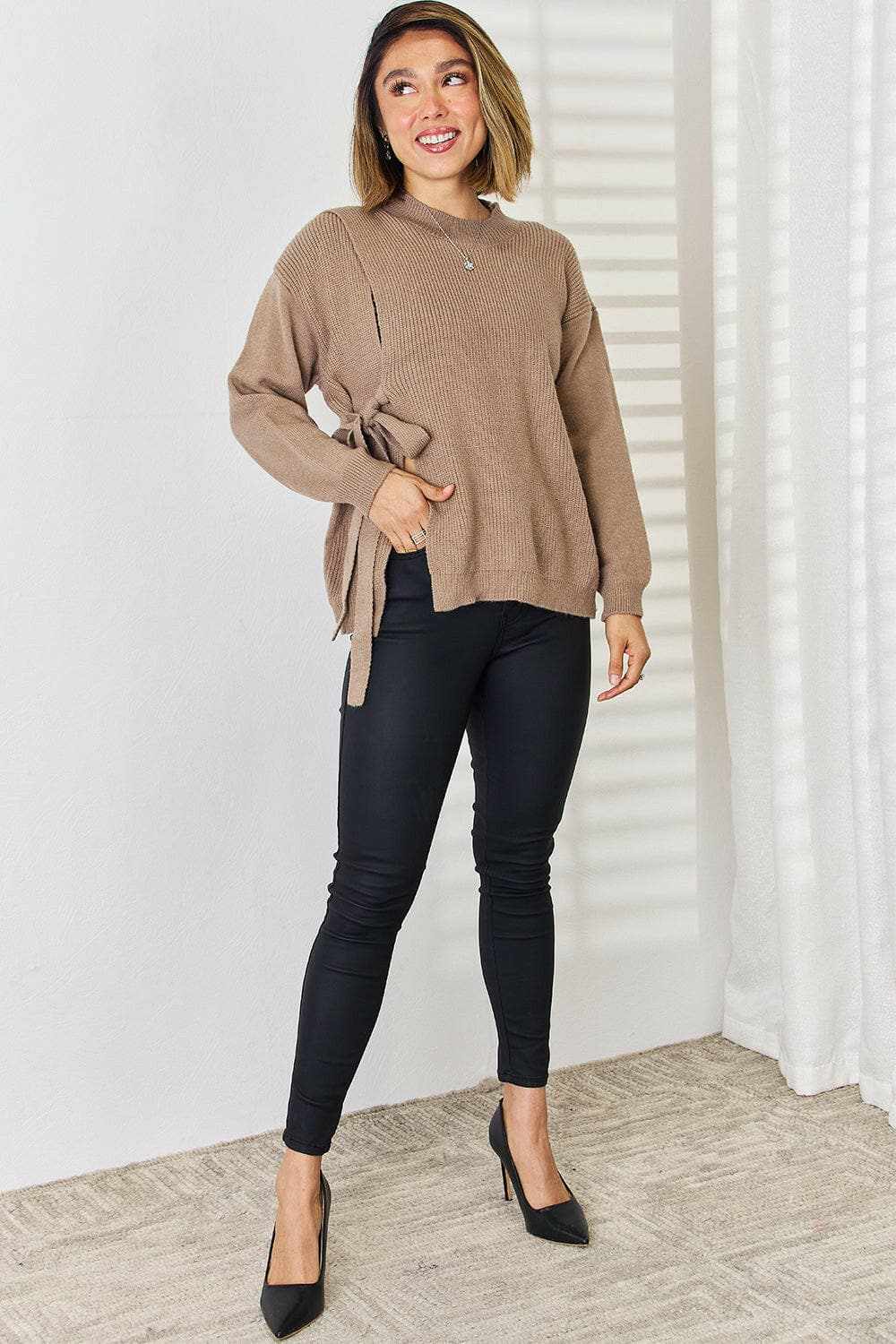 Chic slit tied dropped shoulder sweater - Love Salve